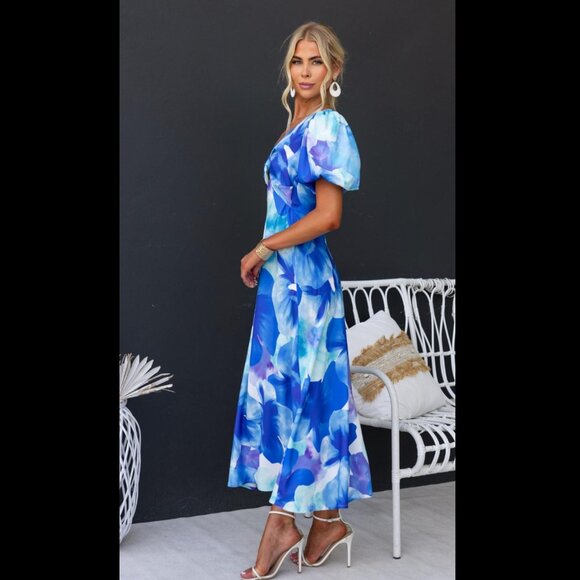 NWT SMALL Toperth Blue Floral V-Neck Twist Accent Midi Dress - Picture 2 of 5